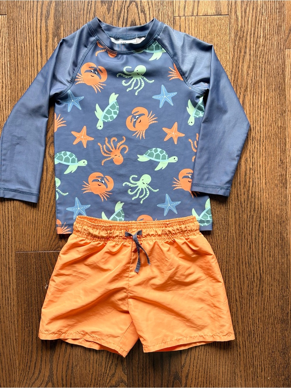 H&M Navy Sea Creatures Rashguard Set with Orange Shorts